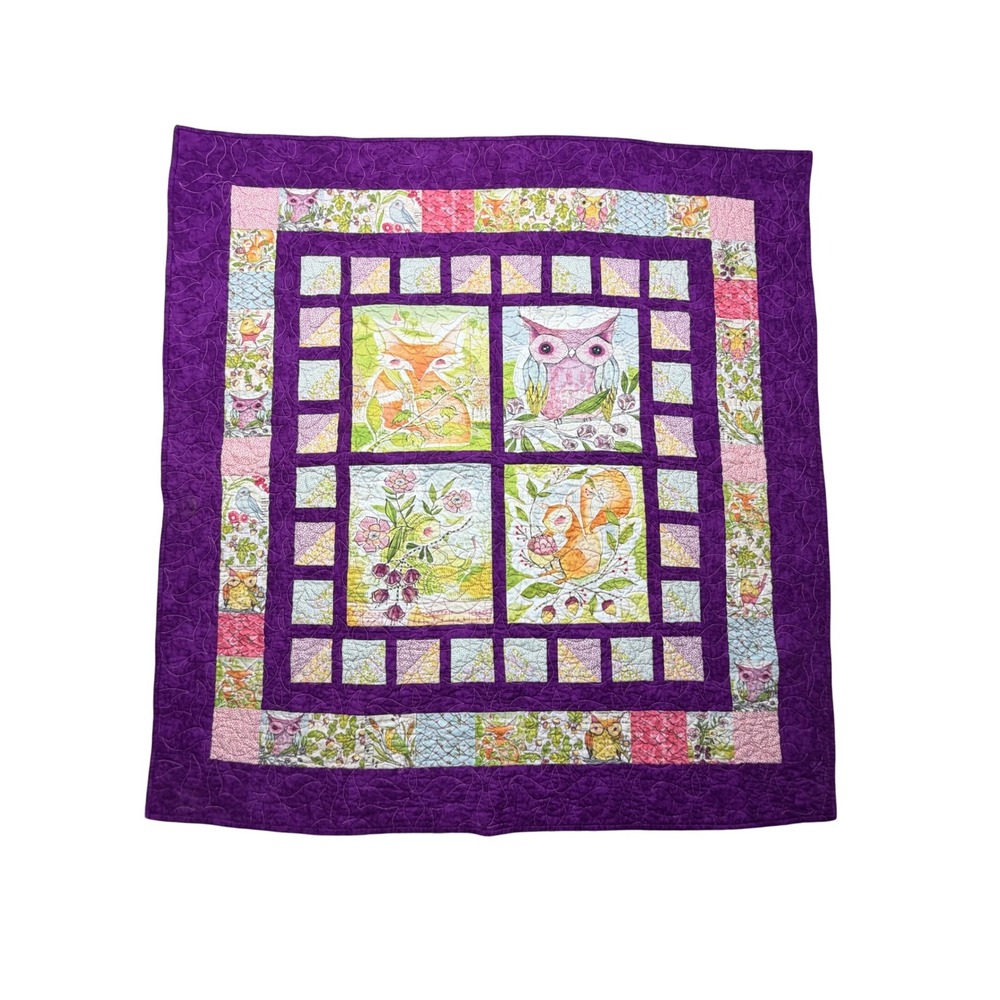 Handmade Woodland Animal Quilted Throw Blanket Purple Cotton 44x45 Fox Owl